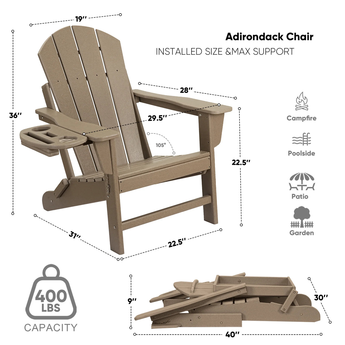 FOOWIN HDPE Plastic Adirondack Chairs Set of 4, Black
