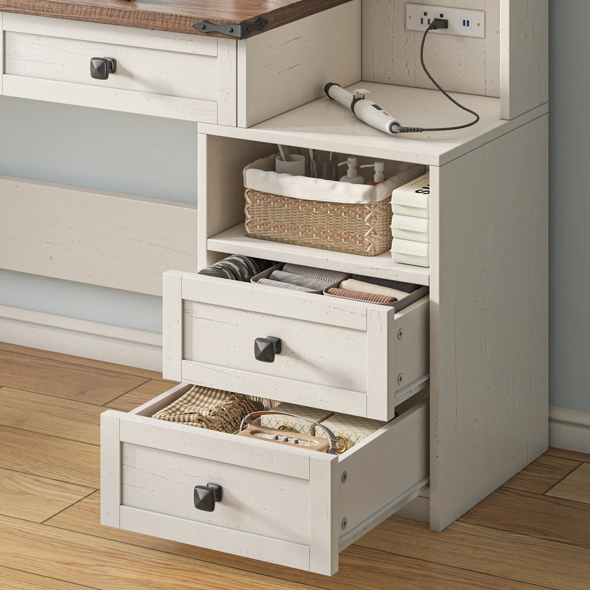 EnHomee Makeup Vanity Desk with Lighted Mirror Large Vanity with 4 Drawers Farmhouse Vanity Set with Mirror and Lights,White
