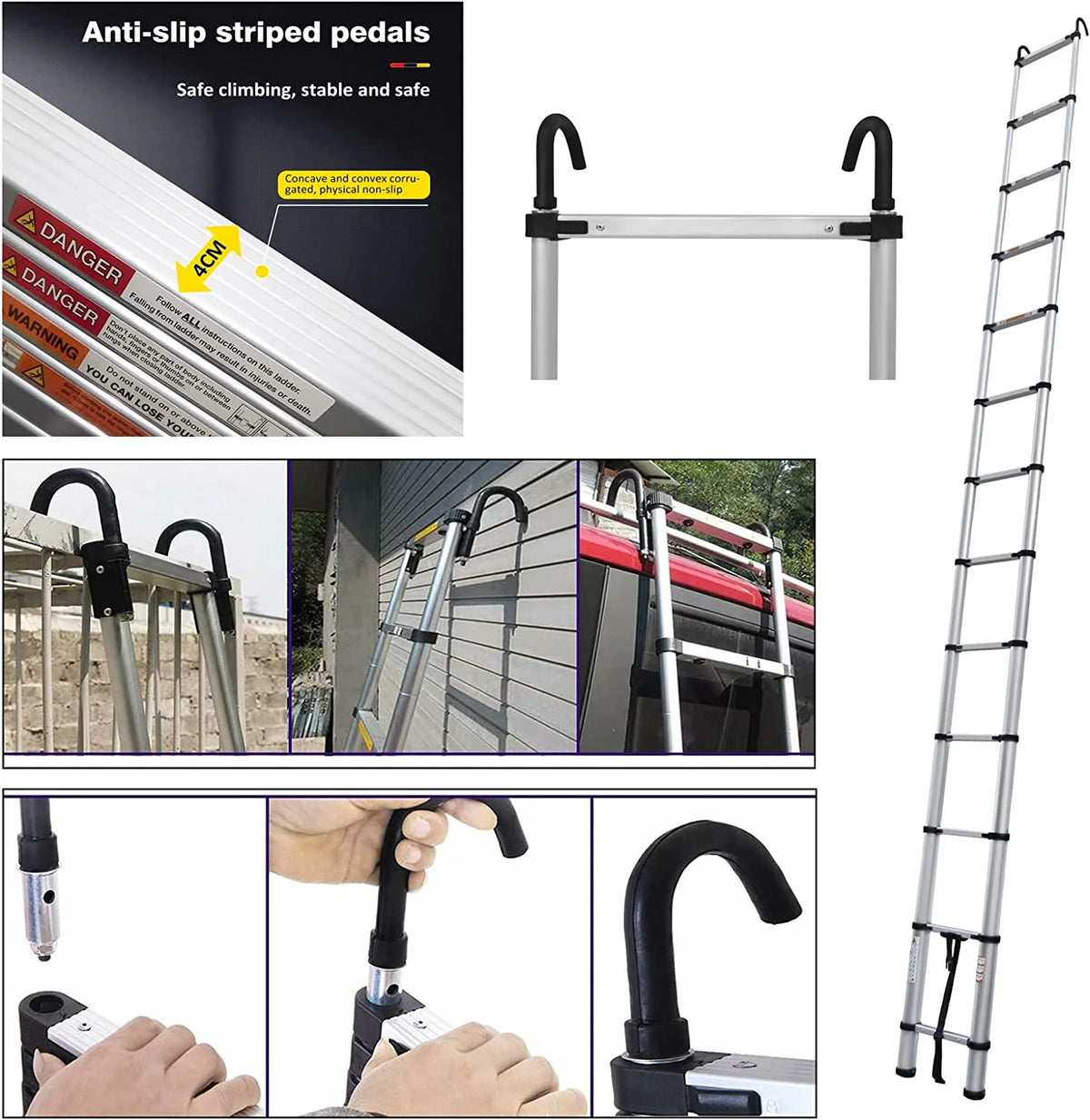 Jupiter Multi-Purpose Telescoping Extension Ladder with 2 Detachable Hooks, 20 ft, Aluminum Silver