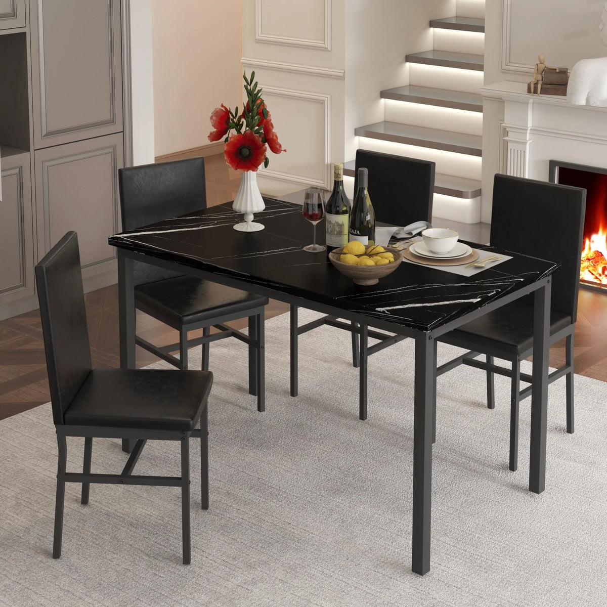 5 Piece Dining Set, Modern Dining Table and Chairs Set for 4, Counter Height Bar Table Set, Modern Pub Table with 4 Velvet Fabric Cushioned Stools, Faux Marble Dining Table & Stools Set, D9297