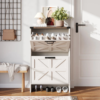 VEANERWOOD Shoes Storage Cabinet With Doors, Farmhouse Shoe Cabinet With 2 Flip Drawers For Entryway,Gray