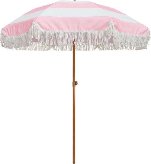 7ft Patio Umbrella with Fringe Outdoor Tassel Umbrella UPF50+ Premium Steel Pole and Ribs Push Button Tilt, Riviera Pink Stripe
