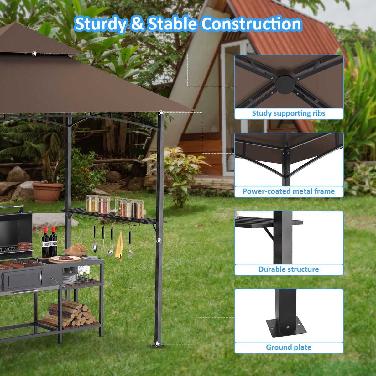 GVDV 8'x 5' Grill Gazebo Canopy, Outdoor BBQ Gazebo Shelter with 2 Side Shelves & Double-Tiered Top