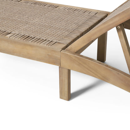 Shane Acacia Wood and Flat Wicker Outdoor Chaise Lounge, Light Brown and Light Multibrown