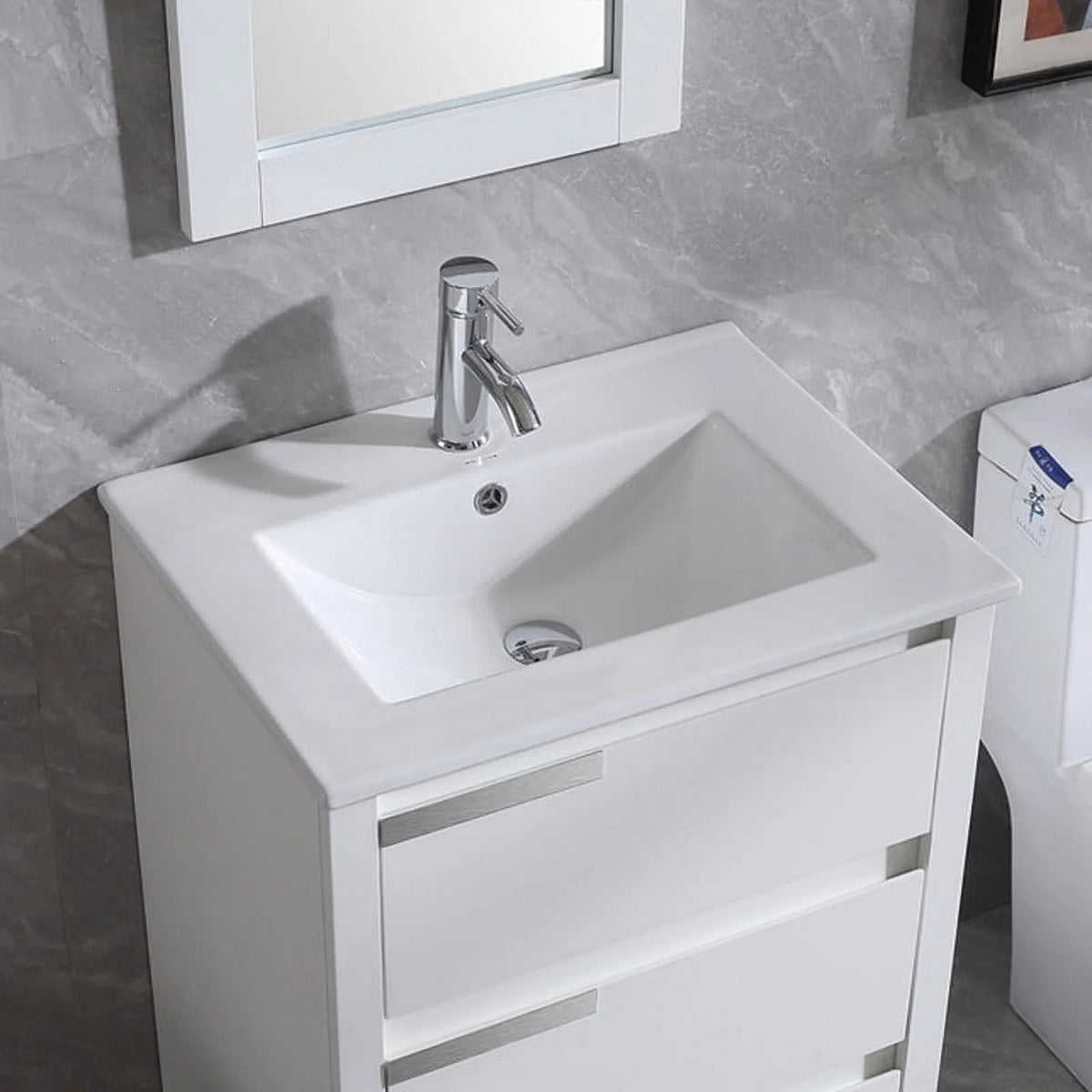 Walsport 24" Luxurious Bathroom Vanity with Ceramic Sink and Countertop and Mirror and Faucet,Double Door Stand Floor Cabinet Bathroom Storage Vanity with Pop Up Drain,White