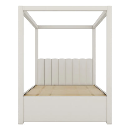 EUROCO Upholstered Full Size Canopy Bed Frame with Trundle Bed and 3 Drawers, Platform Bed with Headboard for Kids Teens Adults, Beige