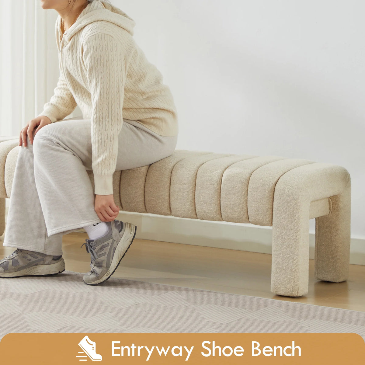 Zesthouse 63�� End of Bed Bench, Linen Tufted Upholstered Ottoman Bench with Padded Seat and Solid Wood Leg, Modern Entryway Bench for Bedroom, Living Room, Beige
