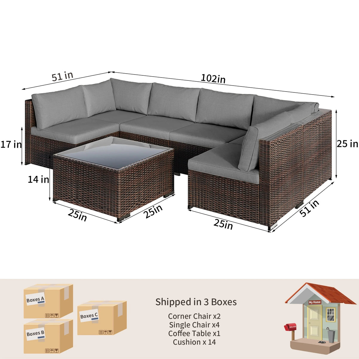 Patio Furniture Set on Sale, Lofka 7-Piece Outdoor Sectional Furniture Set with Glass Coffee Table Garden, Gray