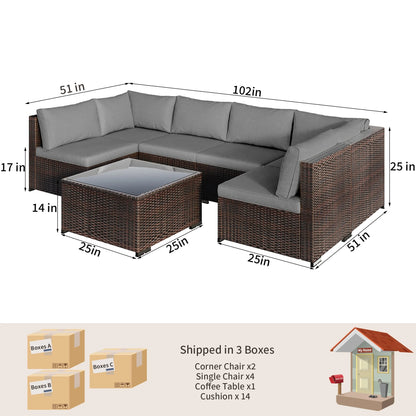 Patio Furniture Set on Sale, Lofka 7-Piece Outdoor Sectional Furniture Set with Glass Coffee Table Garden, Gray