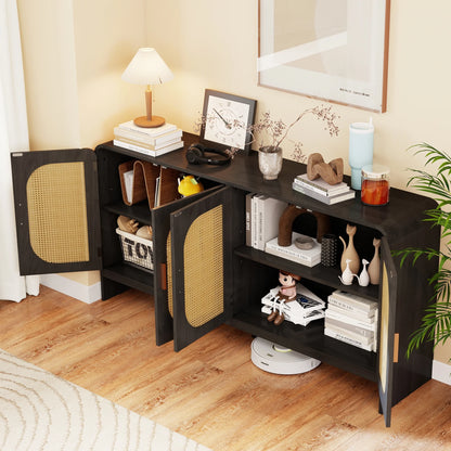 Modern Rattan Sideboard Buffet Cabinet, Kitchen Storage Cabinet, Living Room TV Stand for TVs up to 65", Entertainment Center with Adjustable Shelf, for Dining Living Room Hallway, White