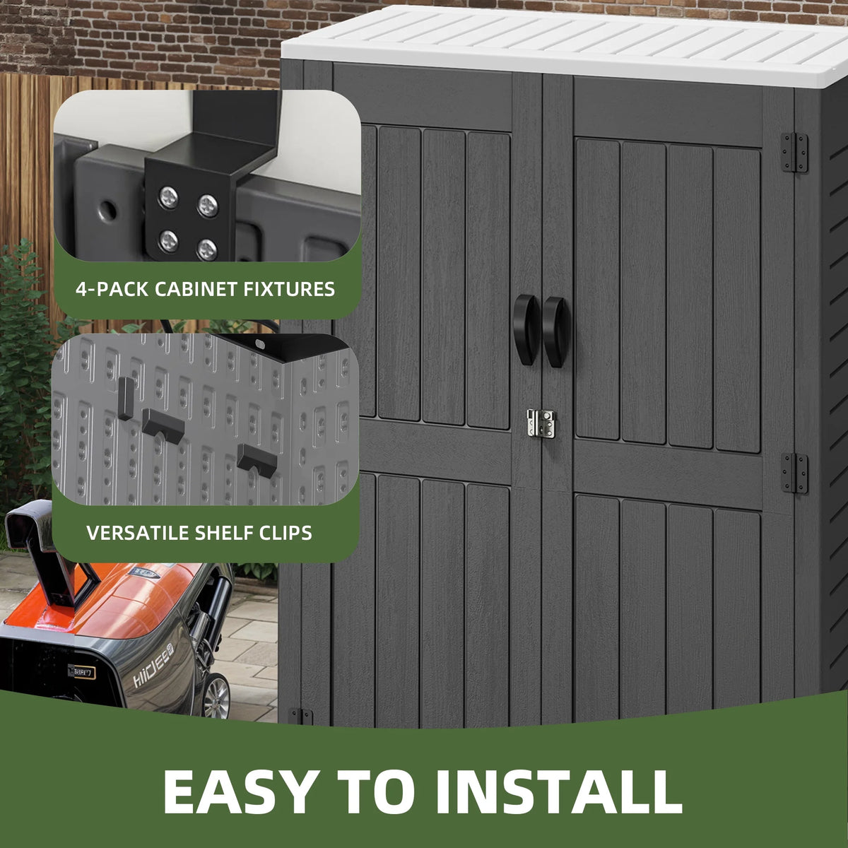 Uforic Outdoor Storage Shed, Vertical Lockable Tool Storage Resin Shed for Garden, Garage, Patio, No Shelves Included, Brown