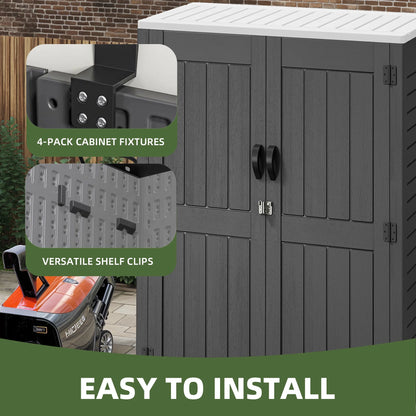 Uforic Outdoor Storage Shed, Vertical Lockable Tool Storage Resin Shed for Garden, Garage, Patio, No Shelves Included, Brown