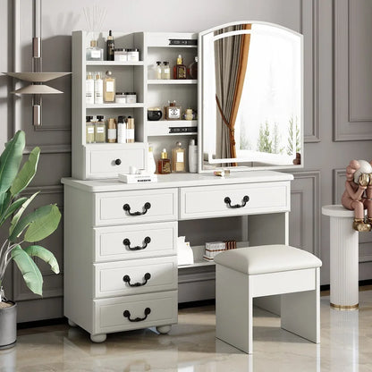 Montary Modern Mini Vanity w/Adjustable LED Mirror + Hidden Storage, Padded Stool & Dustproof Shelves (White)
