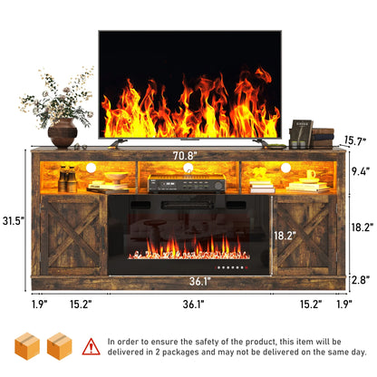 ChVans 70" Fireplace TV Stand for TVs up to 80" with 36" Electric Fireplace, Farmhouse Entertainment Center with LED, Wooden Media Console for Living Room, Bedroom