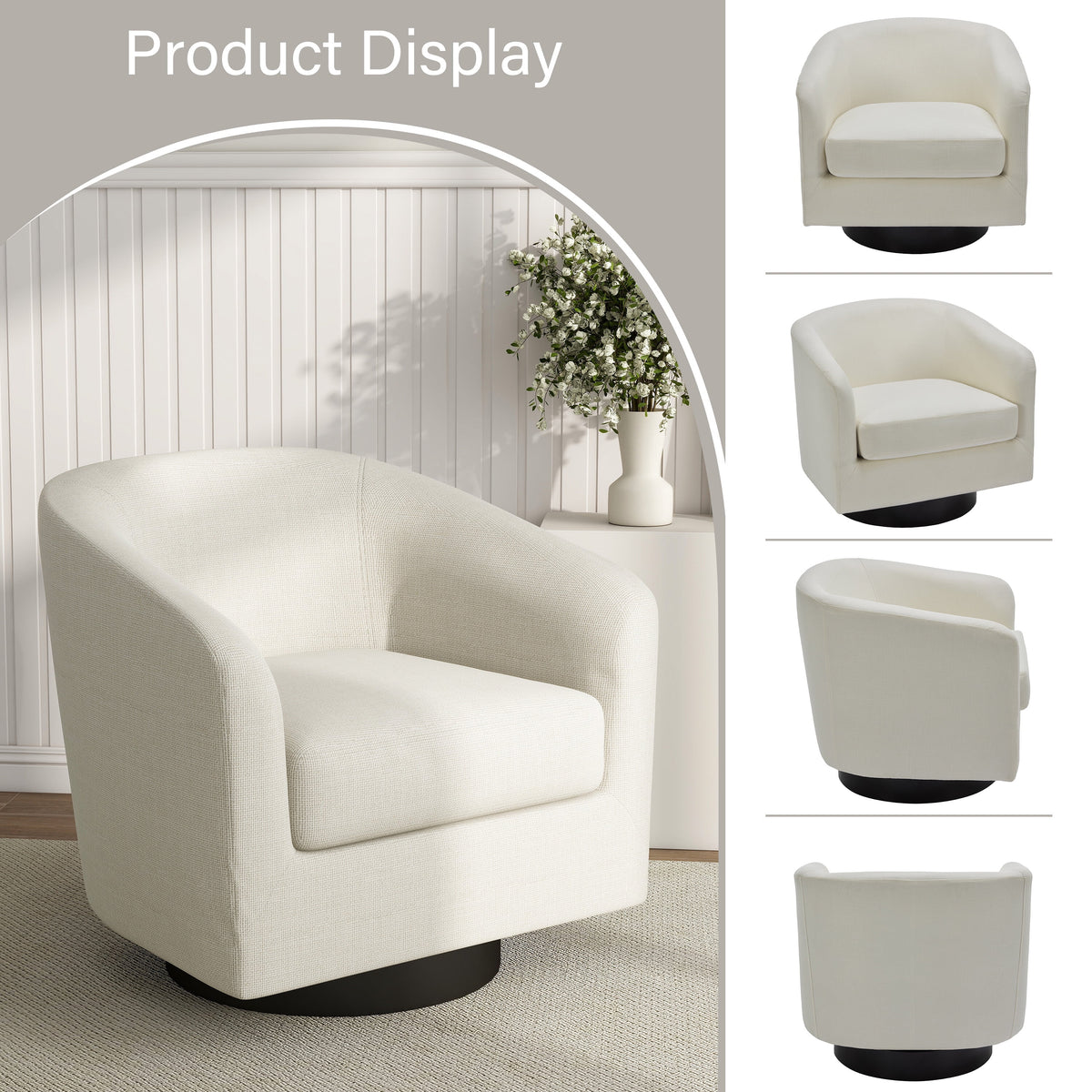 DREAMSIDEA Swivel Barrel Accent Chair for Living Room, Modern Upholstered Round Club Armchair-Cream