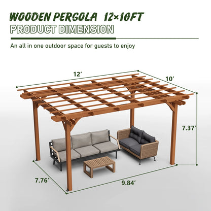 12 x 10 FT Outdoor Pergola, Wooden Pergola Gazebo with Climbing Plant Support and Waterproof, for Patio Porch Garden Backyard, Brown