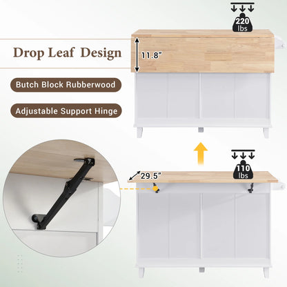 Kitchen Island with Storage, Portable Kitchen Island on Wheels with Drop-Leaf and 2 Stools, Built-in 4 Drawers and Towel Rack, Rolling Kitchen Island Cart for Home, Kitchen and Dining Room, White