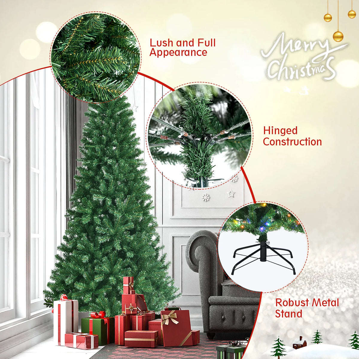 Costway 7ft Pre-lit Hinged Christmas Tree w/ Remote Control & 9 Lighting Modes