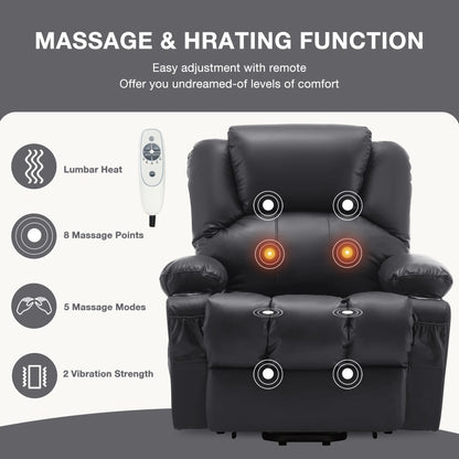 JONPONY Power Lift Recliner Chair Recliners for Elderly with Heat and Massage Recliner Chair for Living Room with Infinite Position and Side Pocket,USB Charge Port,Black