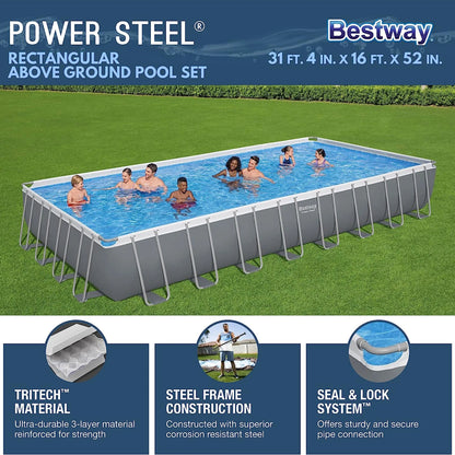 Bestway Power Steel Rectangular Metal Frame Above Ground Pool Set, Grey
