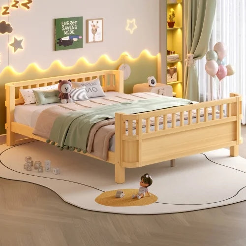 Bellemave Full Size Bed Frame, Full Montessori Bed with Safety Guardrails and Detachable Fence, Wood Full Daybed Frame, Low Profile & Rounded Corners Design, Natural