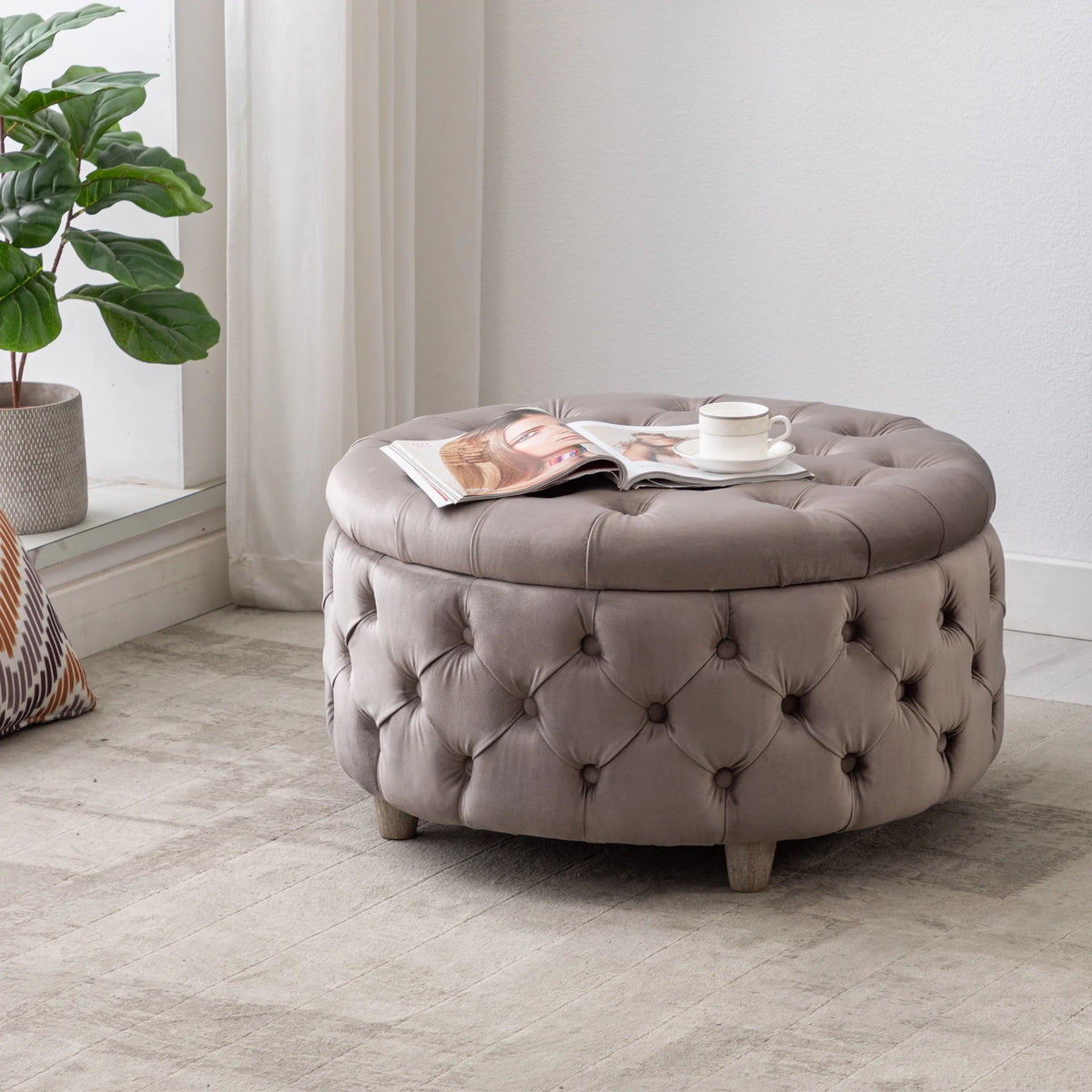 WestinTrends Wordford Round Velvet Tufted Storage Ottoman, Velvet Navy Blue