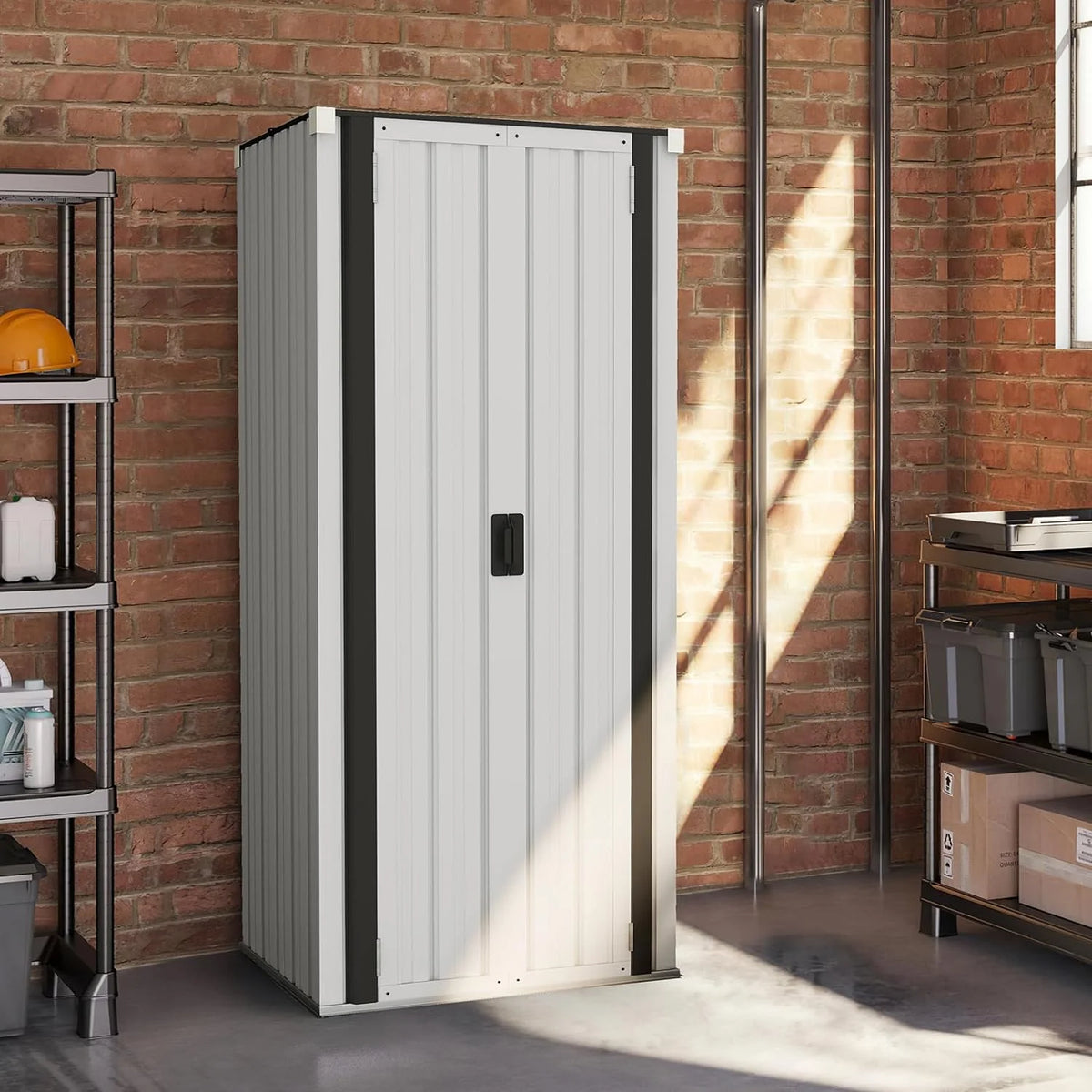 AECOJOY Outdoor Storage Cabinet Waterproof with Adjustable Shelves, Lockable Metal Outdoor Garden Storage Sheds Organizer in Brown, Versatile for Garage, Backyard, or Indoor Use