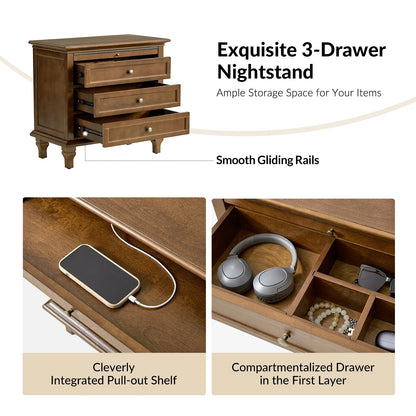 Farmhouse 3 Drawers Nightstand with Tray Bedside Table with Charging Station Acorn