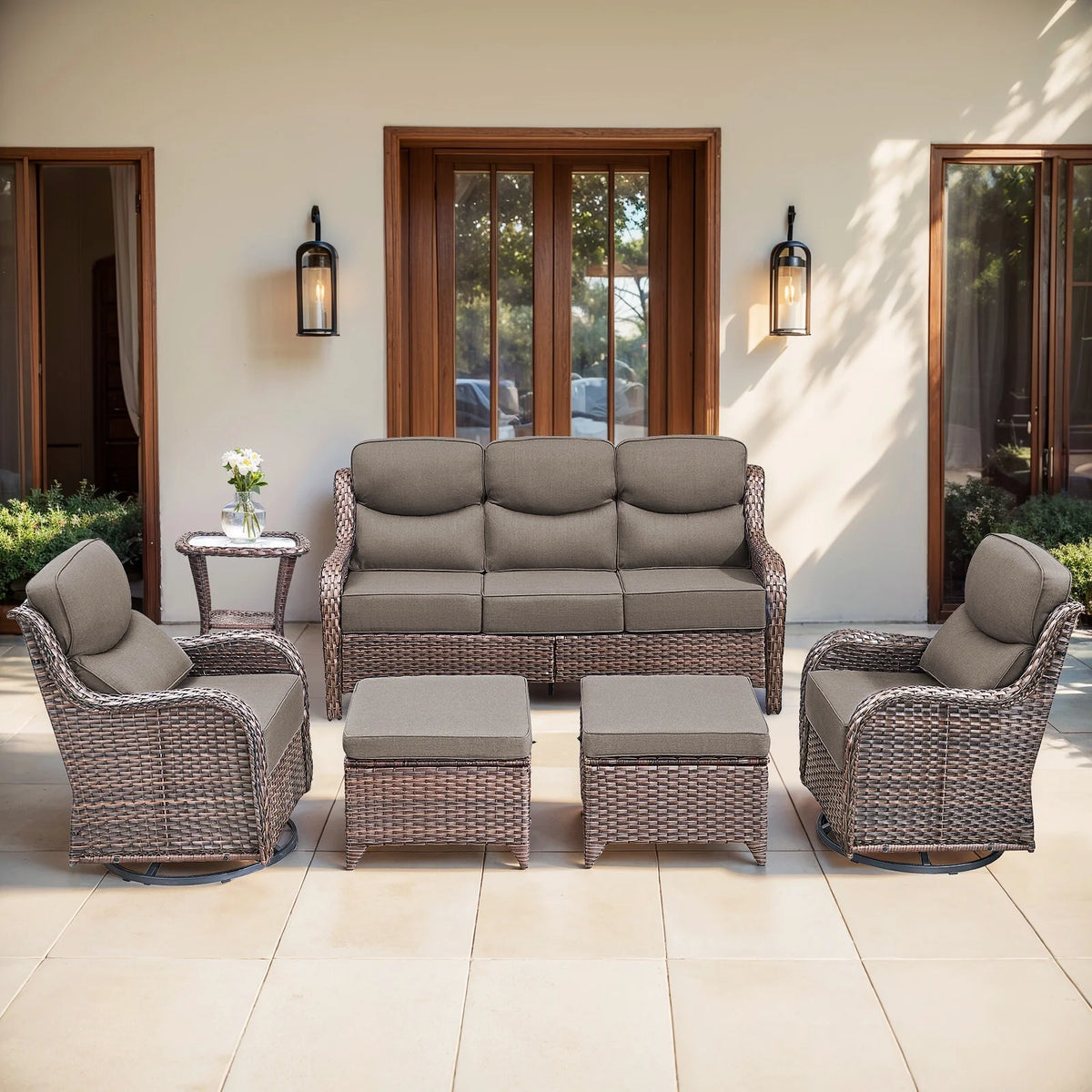 Bellefurn Luxury Outdoor Patio Furniture Set,Swivel Rocker Patio Chairs with 6-inch Thick Cushion,Patio Sofa and Glass Coffee Table,Outdoor Conversation Set for Porch, Deck, Yard