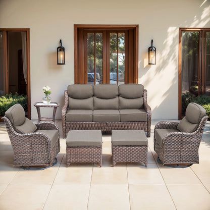 Bellefurn Luxury Outdoor Patio Furniture Set,Swivel Rocker Patio Chairs with 6-inch Thick Cushion,Patio Sofa and Glass Coffee Table,Outdoor Conversation Set for Porch, Deck, Yard