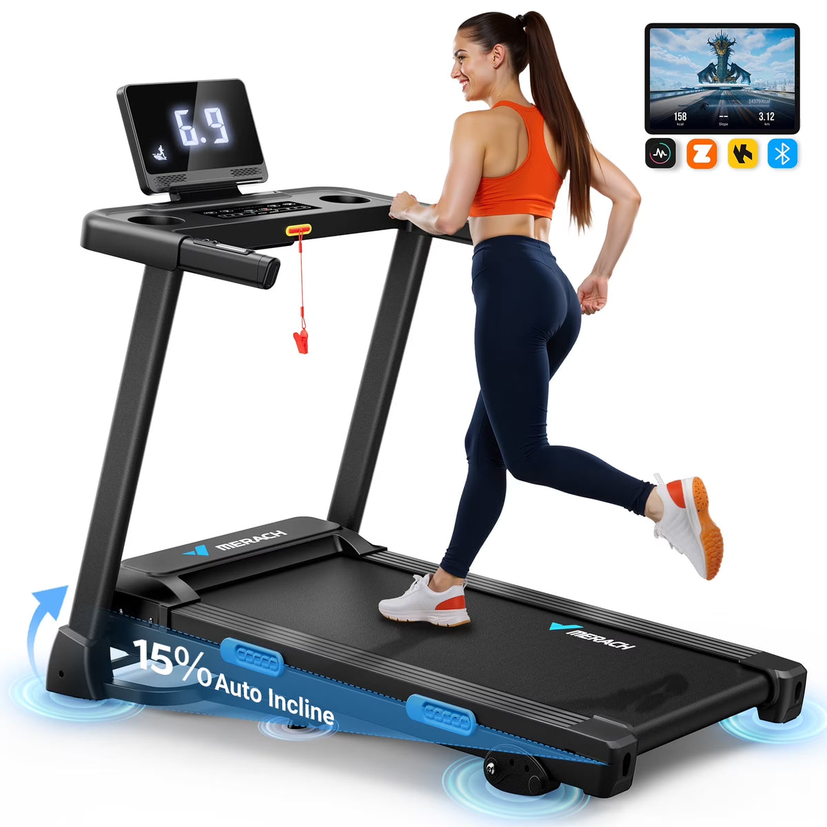 MERACH 2.5HP Folding Treadmill with Incline, Fitness Treadmill for Home with APP, 0.8-7.5MPH, LED Display