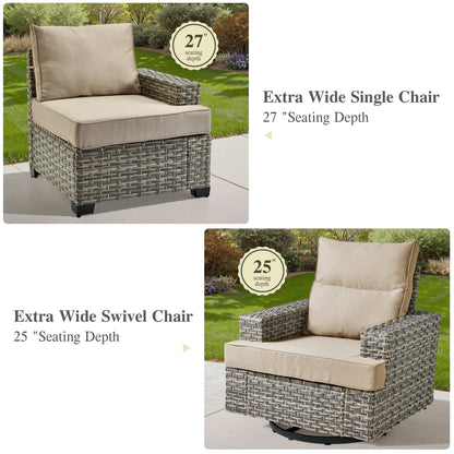Ovios 10 Pieces Outdoor Patio Furniture Modern High-Back All-Weather Wicker Sectional Conversation Set with Propane Fire Pit Table & Swivel Chair, Dark Gray