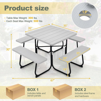 Costway Outdoor 8-person Square Picnic Table Bench Set with 4 Benches & Umbrella Hole White