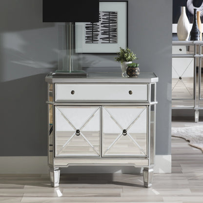 Powell Deville 2-Door Single Drawer Indoor Console Table with Shelves, Mirrored Surfaces and Luxe Silver Wood