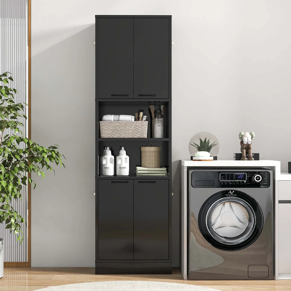 Costway 75" Tall Bathroom Storage Cabinet with 4 Doors & 2 Open Compartments Freestanding White