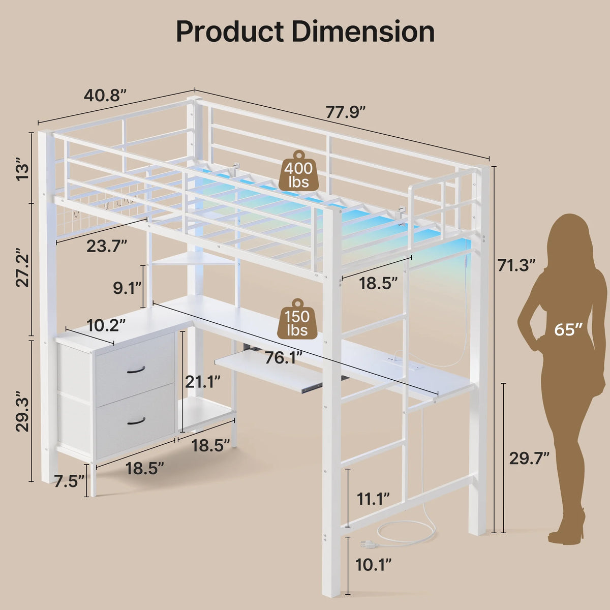 Lofka Twin Loft Bed with L-Shaped Desk, RGB Lights & Charging Station, 400lb Capacity Metal Frame, 3 Shelves & 2 Drawers, Easy Assembly��White