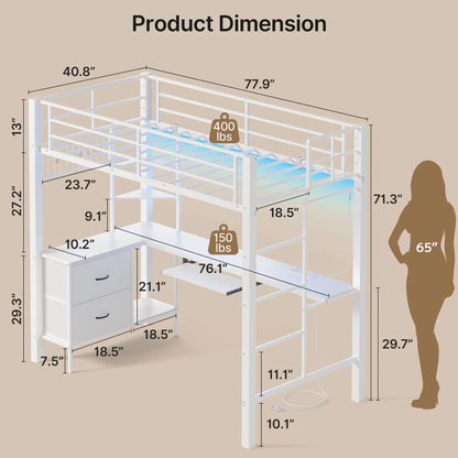 Lofka Twin Loft Bed with L-Shaped Desk, RGB Lights & Charging Station, 400lb Capacity Metal Frame, 3 Shelves & 2 Drawers, Easy Assembly��White