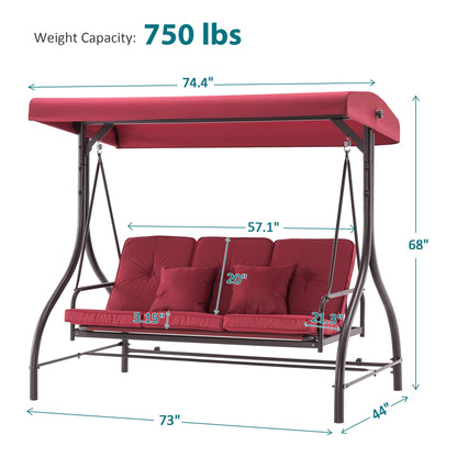 MCombo 3-Seat Outdoor Patio Swing Chair Cushioned with Adjustable Backrest and Canopy, Pillow, Brown