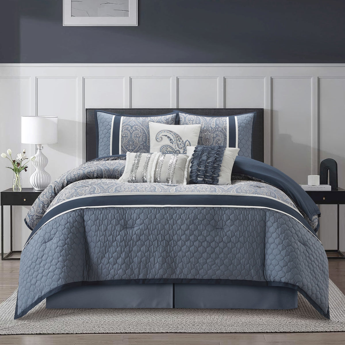 Lanco Smoke Grey Comforter Set California King Size, 9 Piece Jacquard Floral Bedding Set, All Season, Ultra-Soft, Matching Pillows & Shams, Bed Skirt