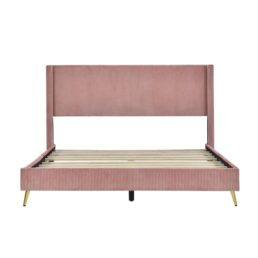 Queen Size Corduroy Platform Bed with Wingback Headboard,Wood Corduroy Platform Bed with Metal Legs and Slats Support,Upholstered Bed Frame for Kids Adult Bedroom,No Box Spring Needed,Pink