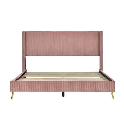 Queen Size Corduroy Platform Bed with Wingback Headboard,Wood Corduroy Platform Bed with Metal Legs and Slats Support,Upholstered Bed Frame for Kids Adult Bedroom,No Box Spring Needed,Pink