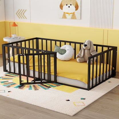 Bellemave Full Size Bed Frame, Full Montessori Bed with Safety Guardrails and Detachable Fence, Wood Full Daybed Frame, Low Profile & Rounded Corners Design, Natural