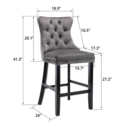 Velvet Bar Stools Set of 2, Upholstered Counter Height Bar Chair with Rivet and Button Trim, Bar Stool with Back and Footrest, for Dining Room, Kitchen, Pub, Gray
