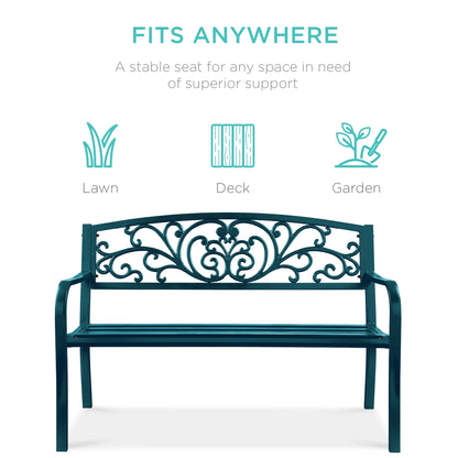 Best Choice Products Outdoor Steel Bench Garden Patio Porch Furniture w/ Floral Design Backrest - Black