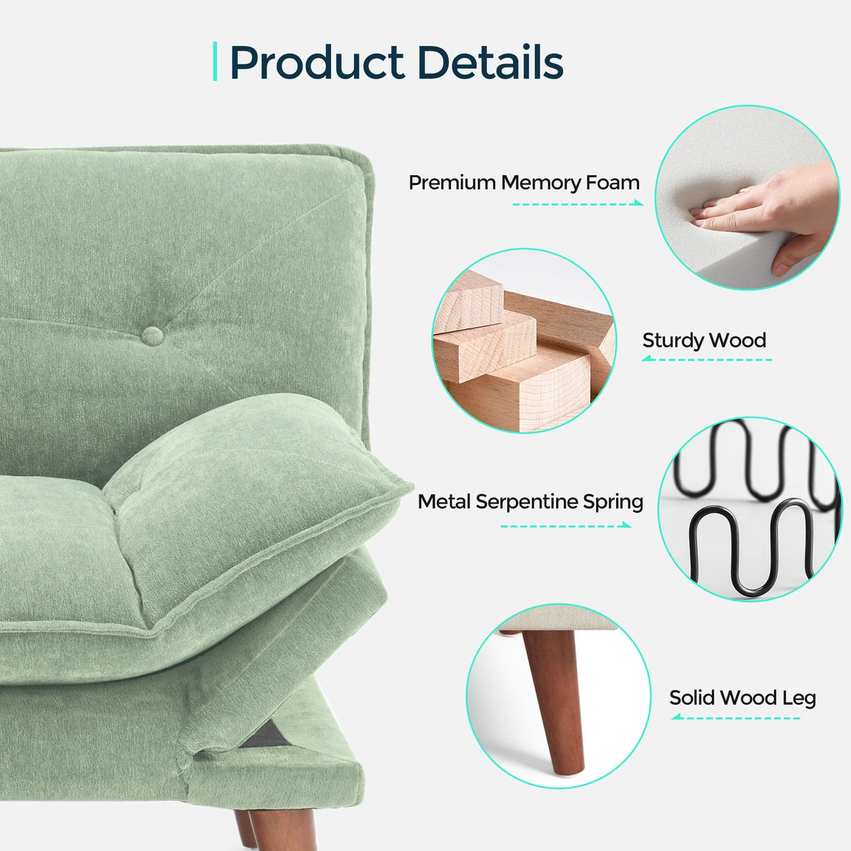 Linsy Home 70" W Chenille Convertible Futon Sofa Bed with Adjustable Armrests, Green