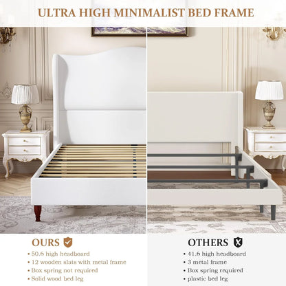 Neche Queen Upholstered Bed Frame with 51" Tall Headboard Classic Curved Wingback Platform Bed with Soft Fabric, Retro Simple Sleigh Bedframe No Box Spring Needed/Easy Assembly, White