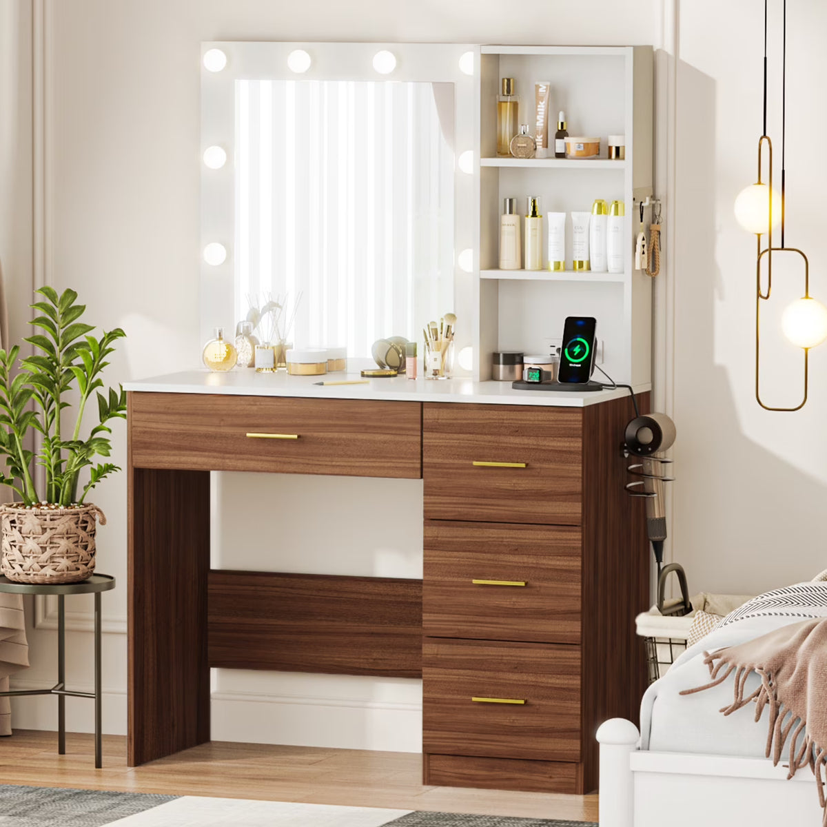 Cottinch Vanity Desk 3 Color Lighted Mirror,Makeup Dressing Table with 4 Drawers and Storage Shelves,2 Outlets,2 USB Ports,White