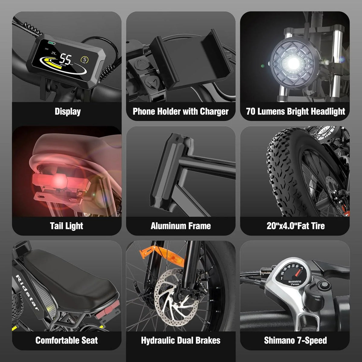 Ridstar Electric Bike for Adults Q20,1200W 30MPH,48V 15.6Ah Electric Bicycle,7 Speed Full Suspension Mountain Bike UL2849