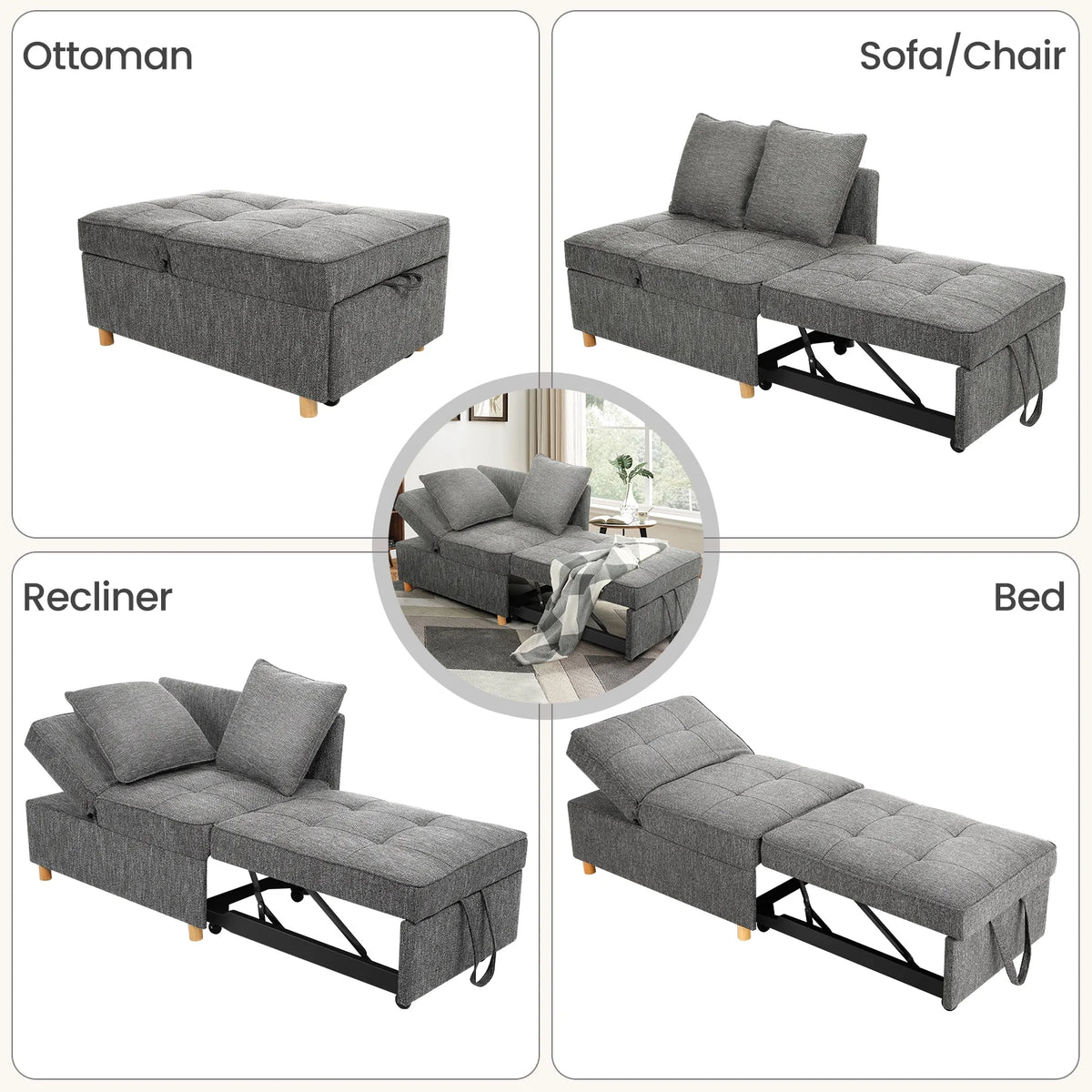 SEJOV 4-in-1 Convertible Sleeper Chair Bed, Linen Sofa Bed for Small Space, Futon Sofa with 2 Throw Pillows for Living Room, Single Recliner with 5 Adjustable Backrest for Bedroom Apartment, Brown