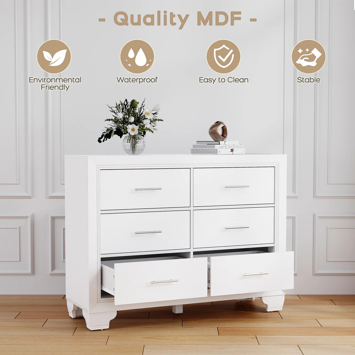 Homhougo White Dresser for Bedroom 6 Drawer, Wood Organizer Storage Cabinet with Gray Strip Drawer Door, Chest of Drawers for Closet, Living Room, Hallway, Nursery, Kids Bedroom